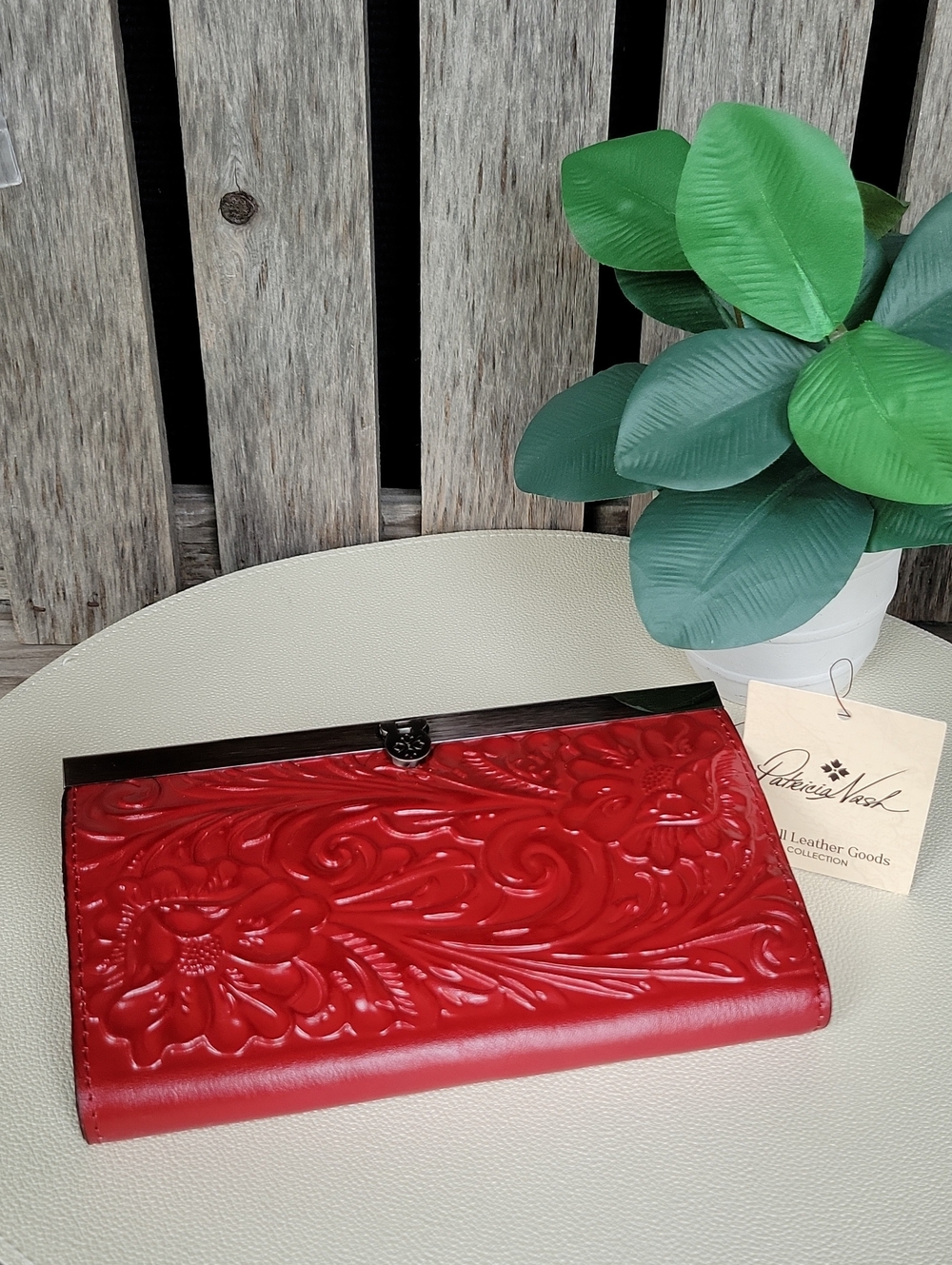 Patricia Nash Red Floral Cauchy Tool Embossed Leather Clutch - Picture 3 of 5
